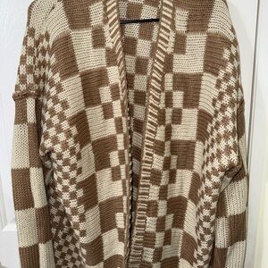 Amazon Women's Brown and Cream Checkered Knit Cardigan